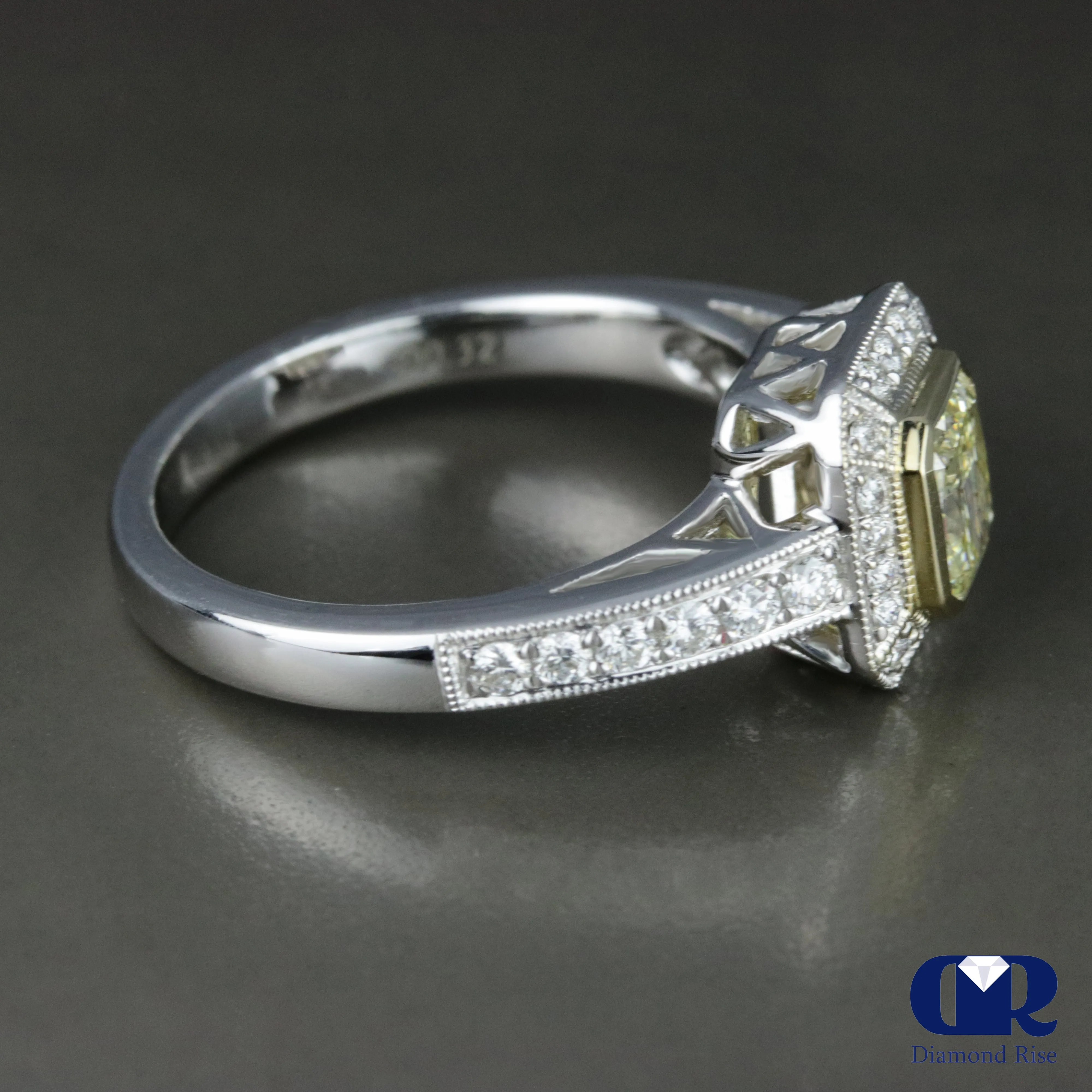 1.35 Carat Fancy Yellow Radiant Cut Diamond Halo Engagement Ring In 18K White Gold