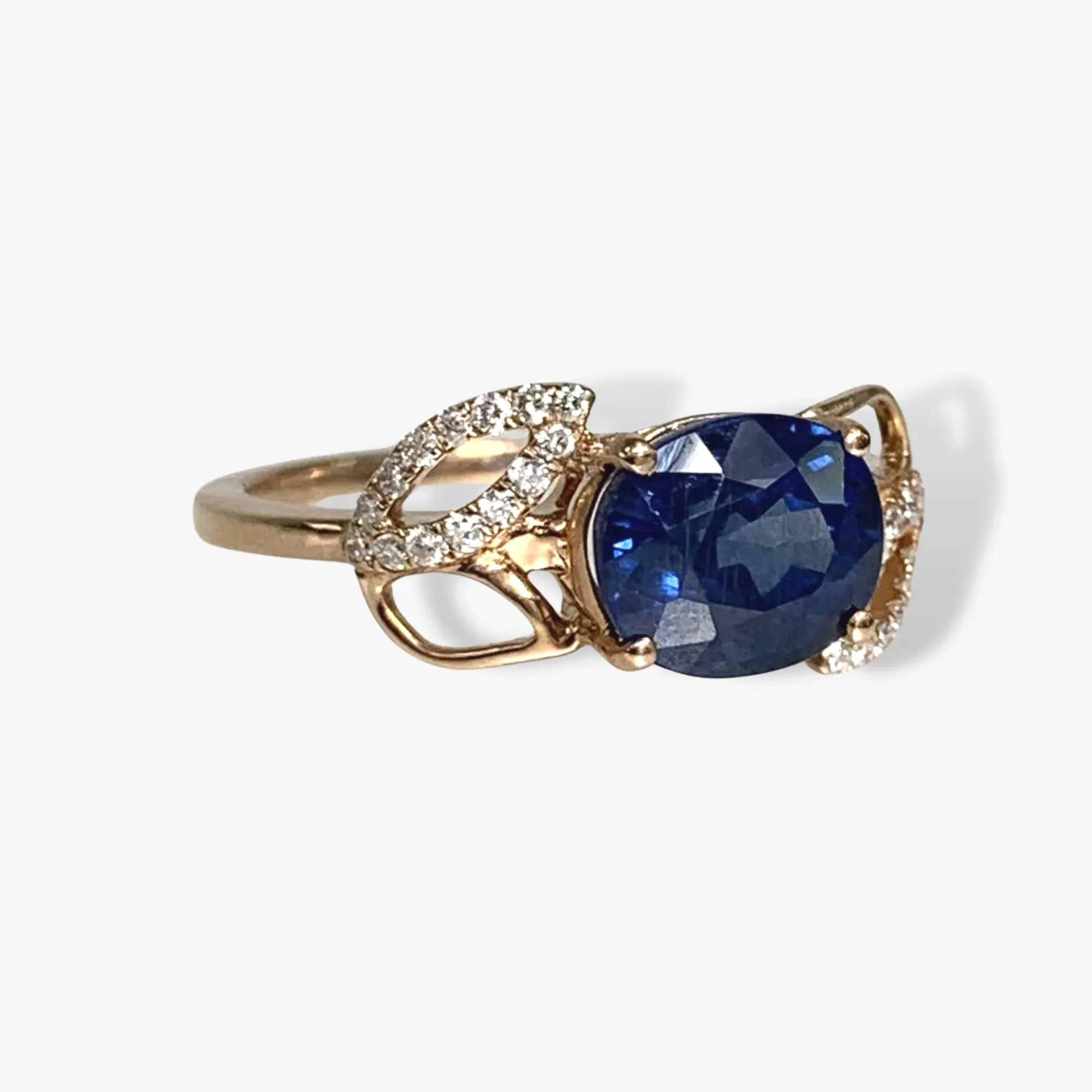 14k Rose Gold Oval Cut Blue Sapphire and Diamond Floral Ring