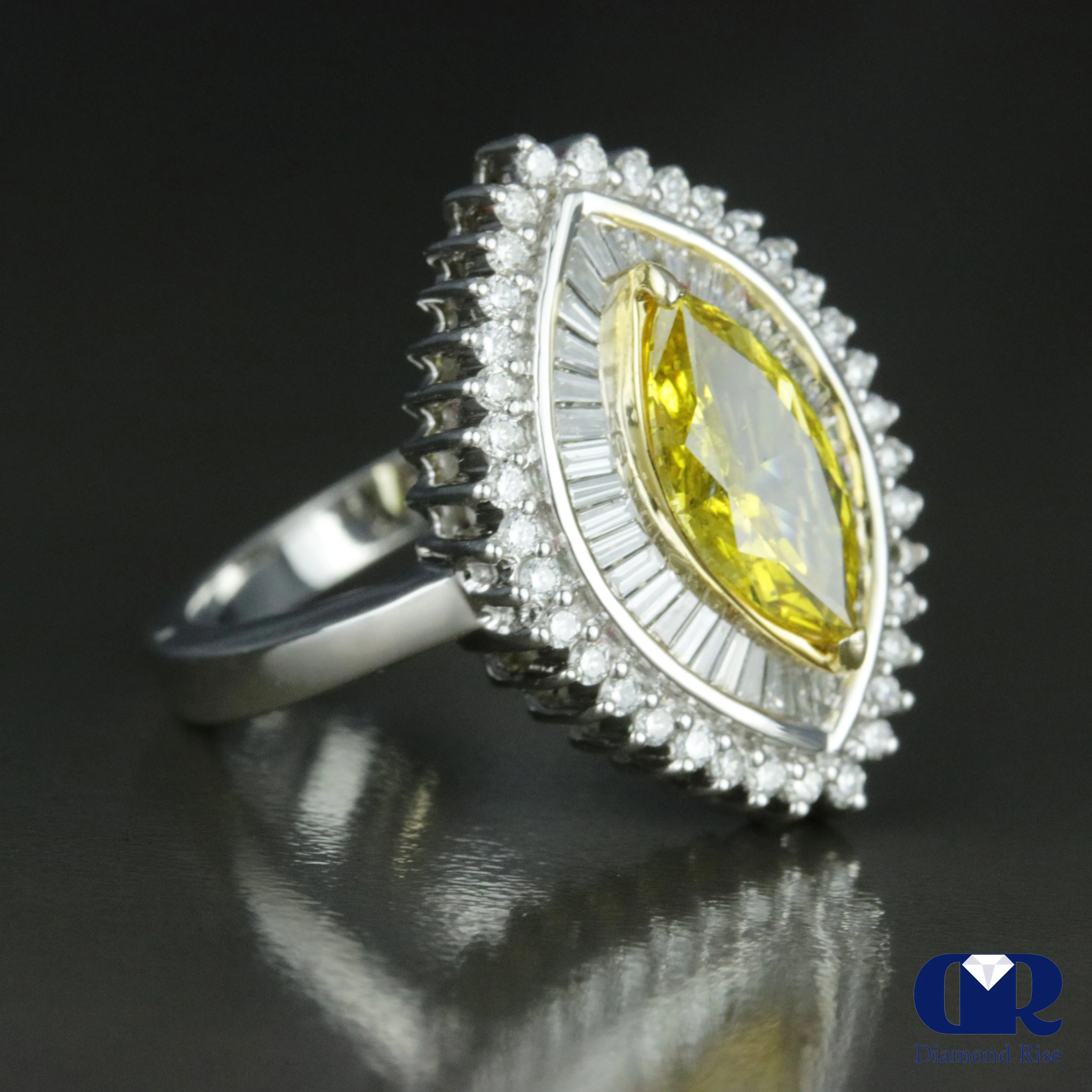 1.86 Carat Fancy Yellow Marquise Cut Diamond Engagement Ring In 18K White Gold