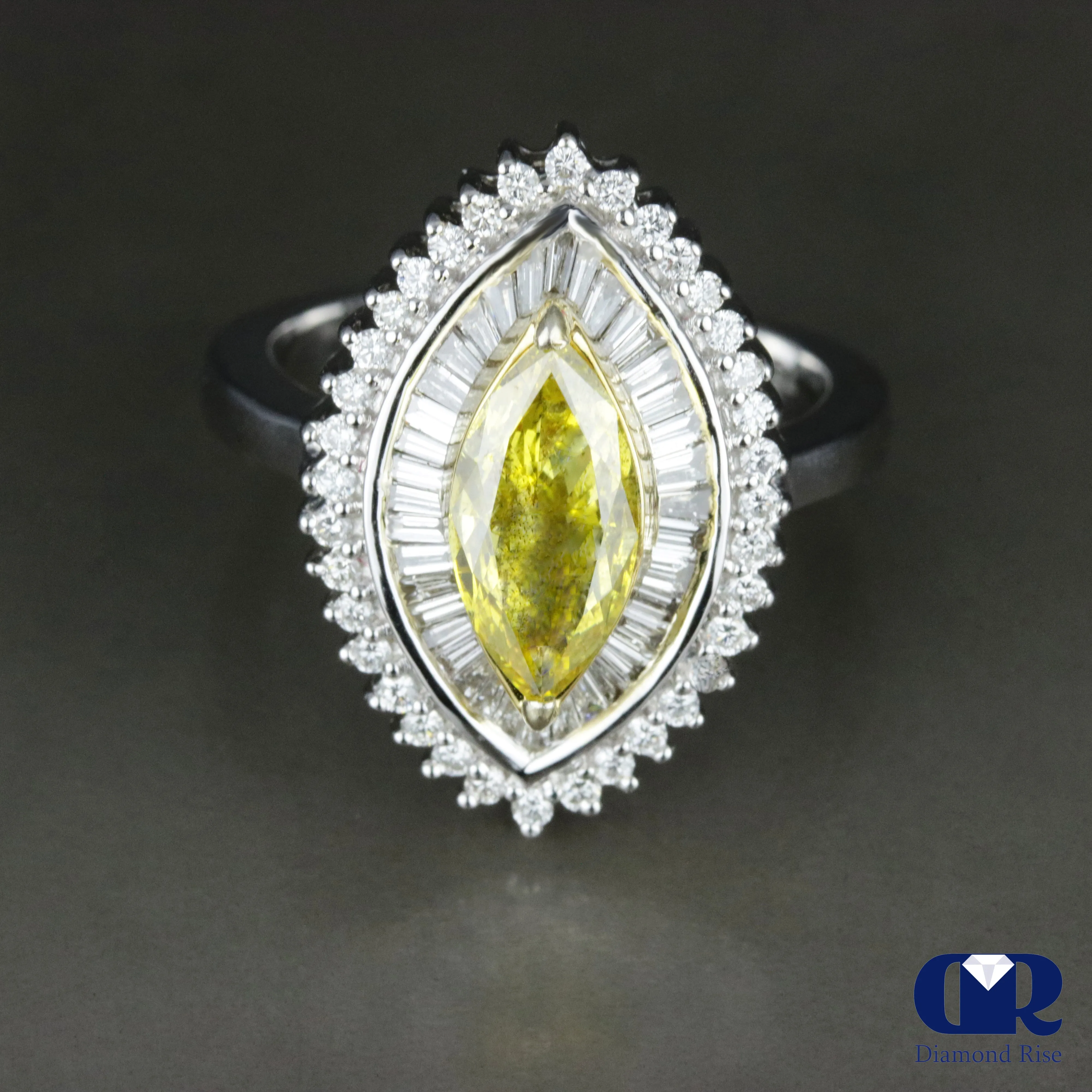 1.86 Carat Fancy Yellow Marquise Cut Diamond Engagement Ring In 18K White Gold