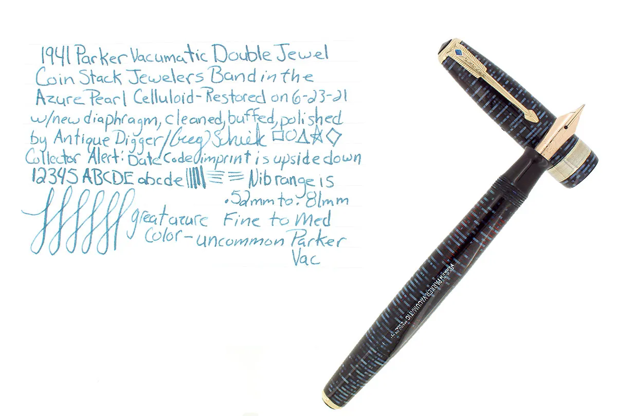 1941 PARKER AZURE VACUMATIC DOUBLE JEWEL JEWELERS CAP BAND FOUNTAIN PEN RESTORED