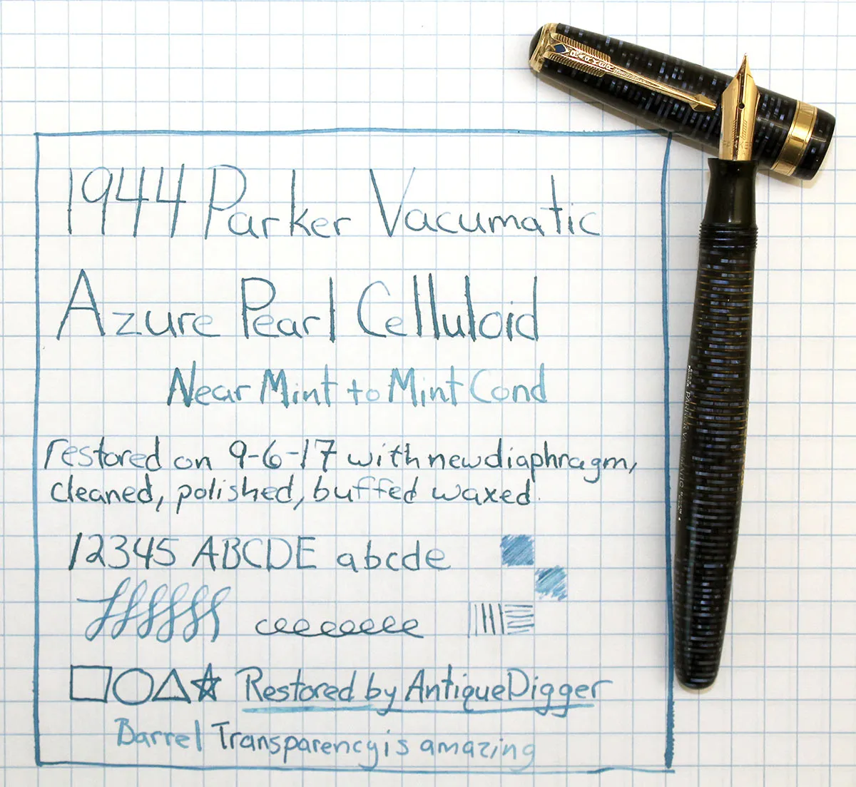 1944 PARKER AZURE PEARL VACUMATIC MAJOR FOUNTAIN PEN NEAR MINT CONDITION AND RESTORED