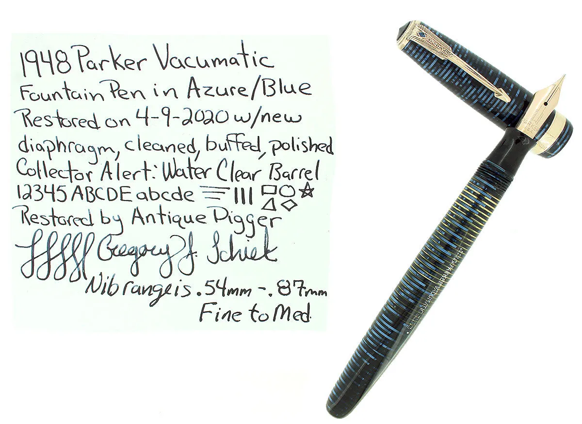 1948 PARKER VACUMATIC AZURE BLUE PEARL MAJOR FOUNTAIN PEN RESTORED