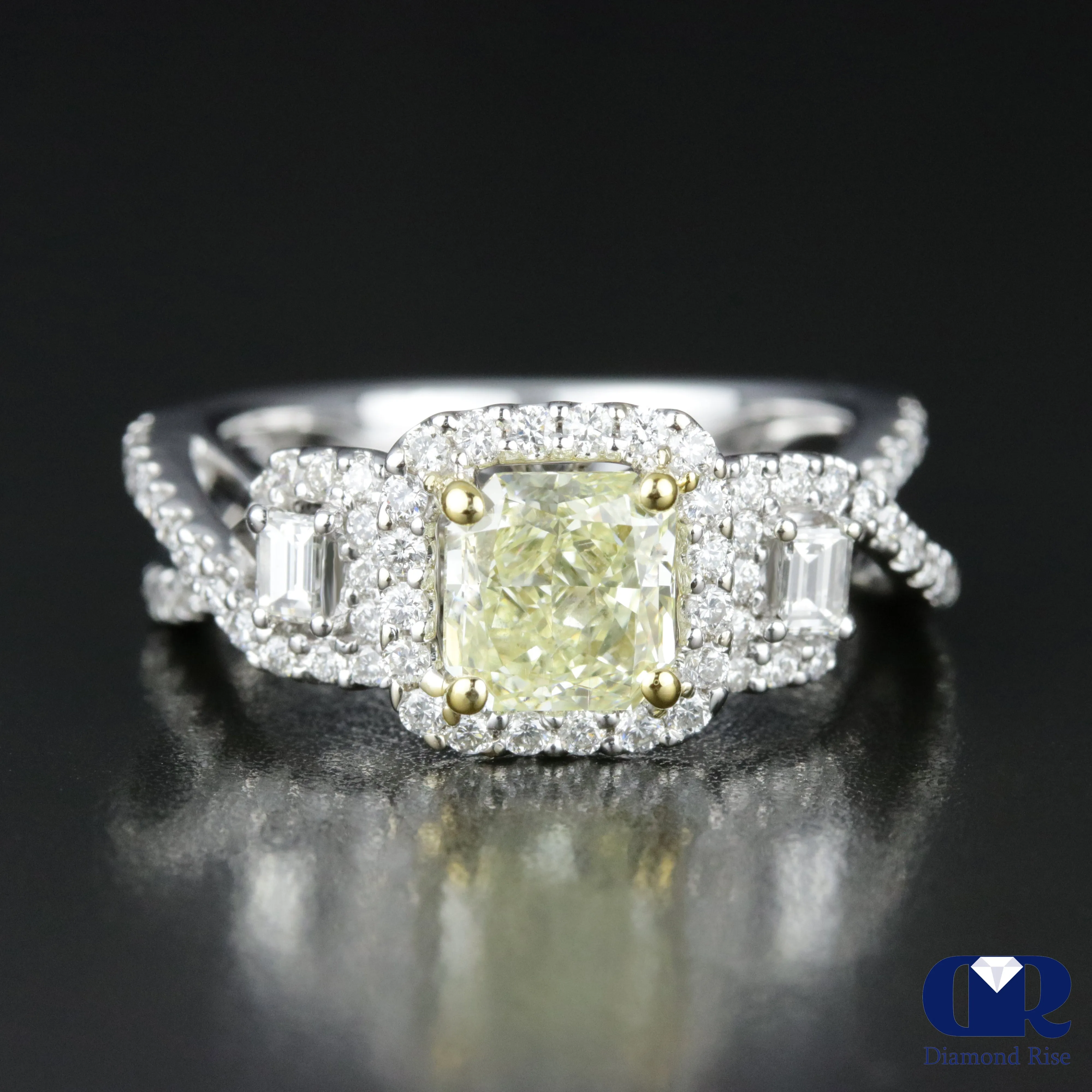 2.08 Carat Cushion Cut Fancy Yellow Diamond Halo Twisted Engagement Ring 18K White Gold