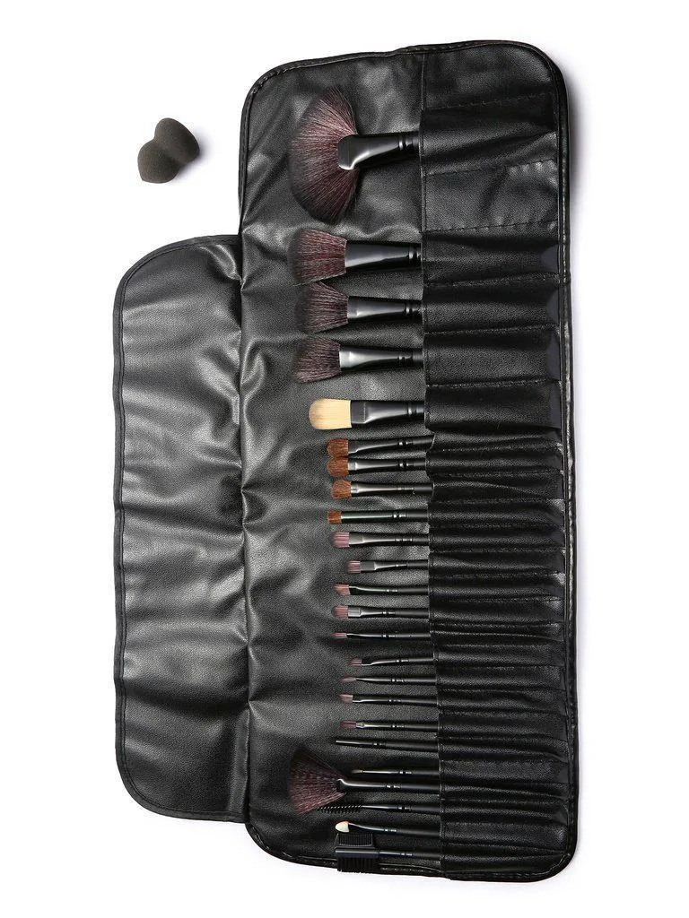 24Pcs Black Professional Makeup Brush Set with Leather Bag