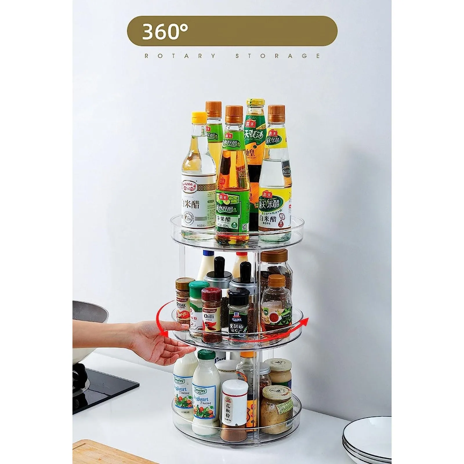 360° Rotatable 3 Tier Turntable Cabinet Organizer, Transparent by Gominimo