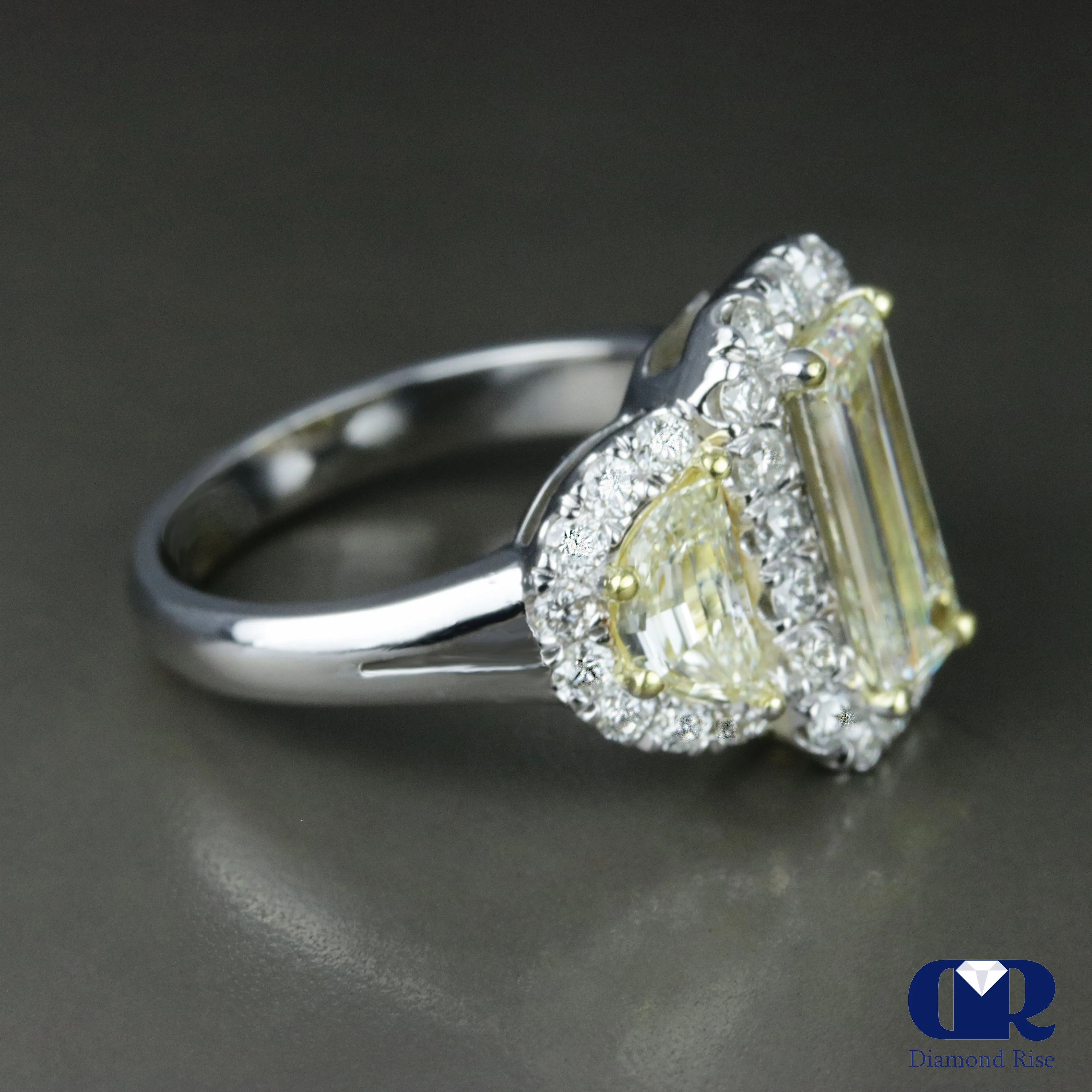 3.93 Carat Fancy Yellow Emerald Cut Halo Engagement Ring In 18K White gold