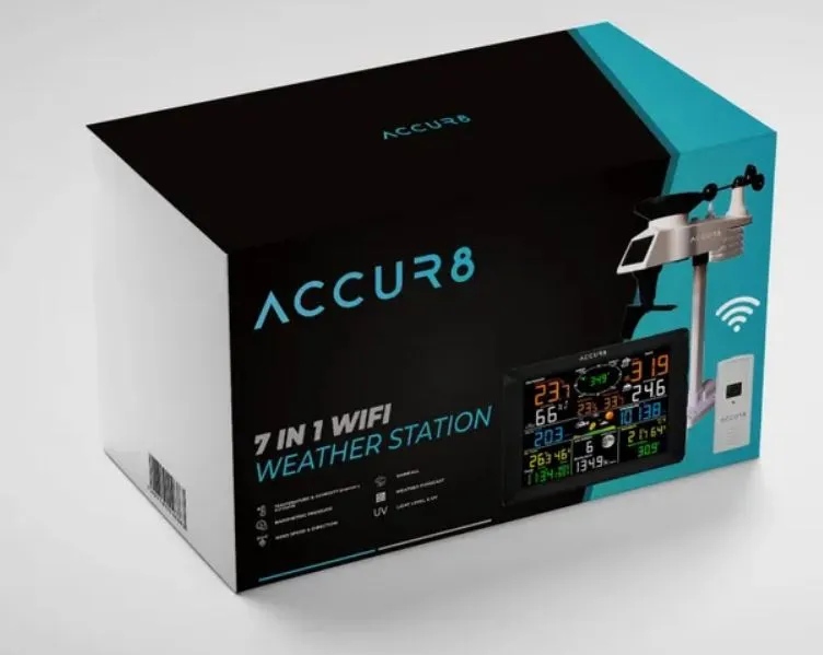 ACCUR8 DWS7100 7-in-1 Complete Solar-Powered WiFi Weather Station with Light Intensity, UV Monitoring & Weather Alerts