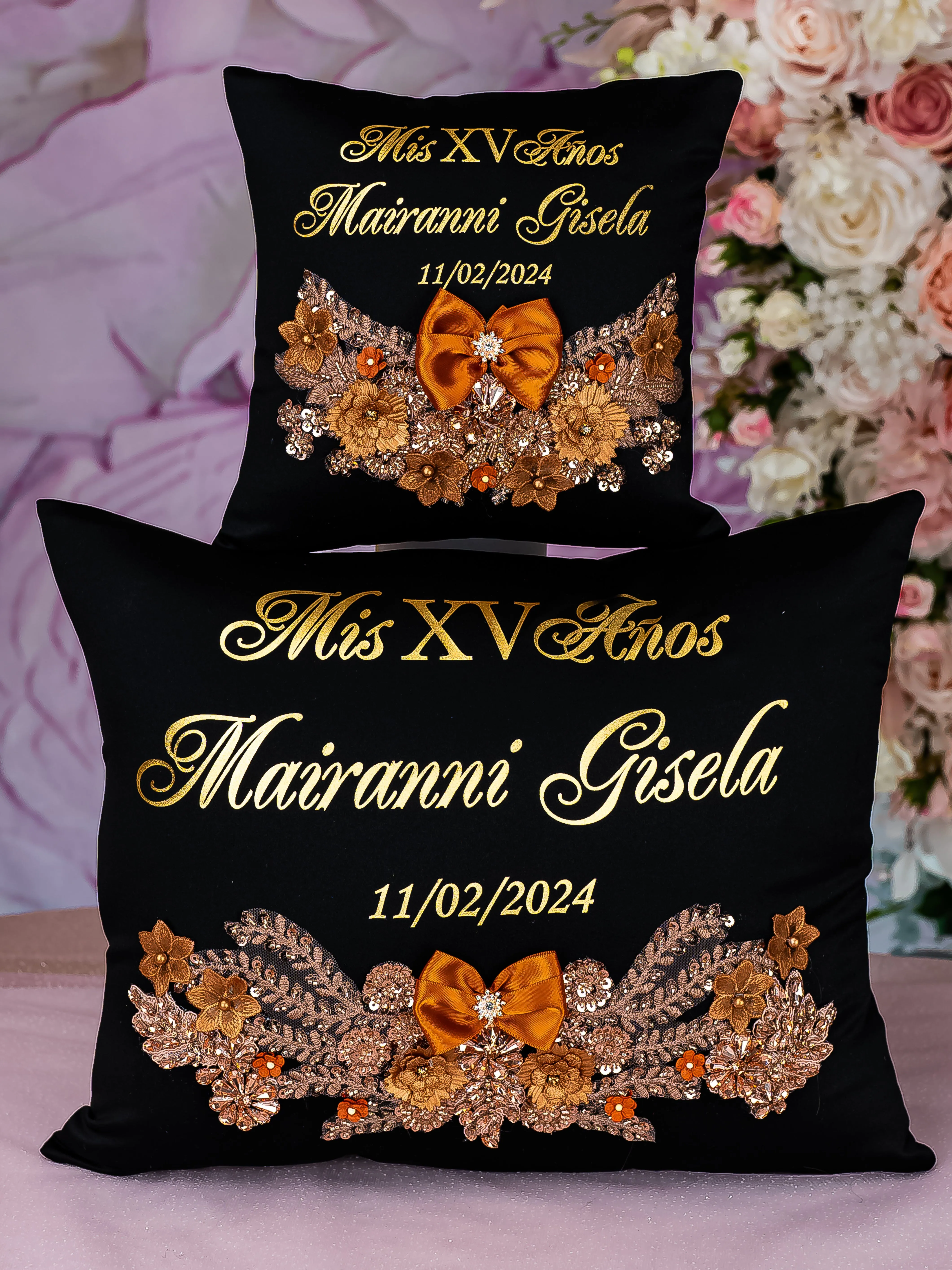 Black burnt orange Quinceanera Pillows Set