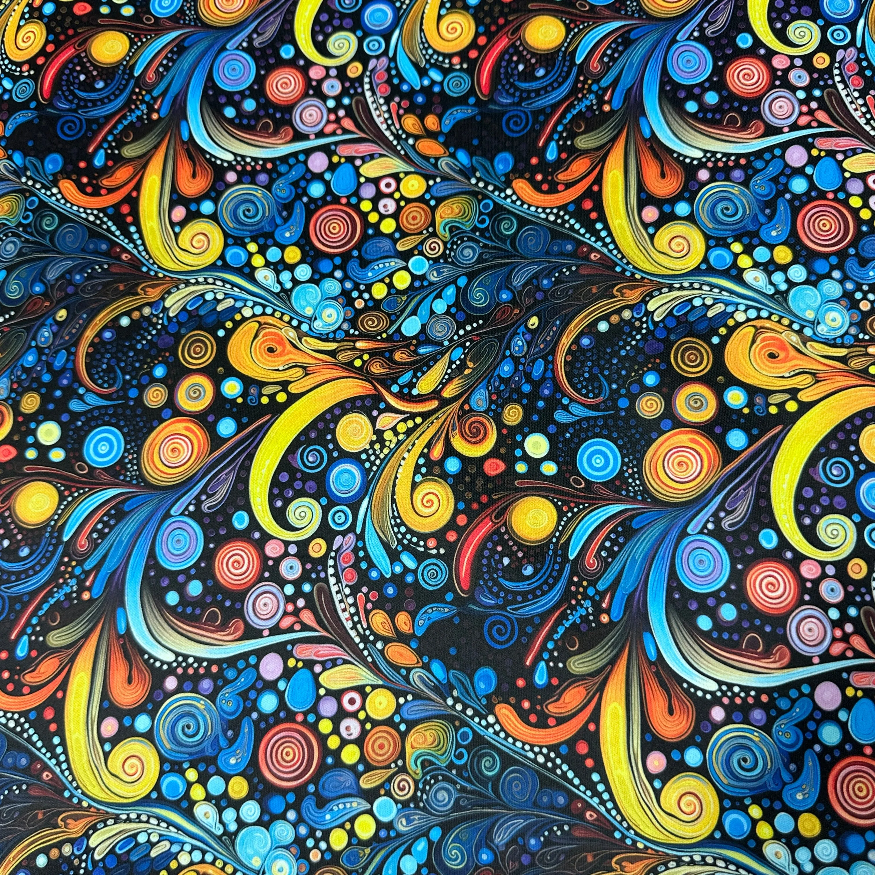 Blue, Orange and Yellow Swirls 1 mil PUL Fabric - Made in the USA