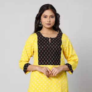 Bright Yellow - Bandhani Tie-dye Cotton Long Straight Kurta