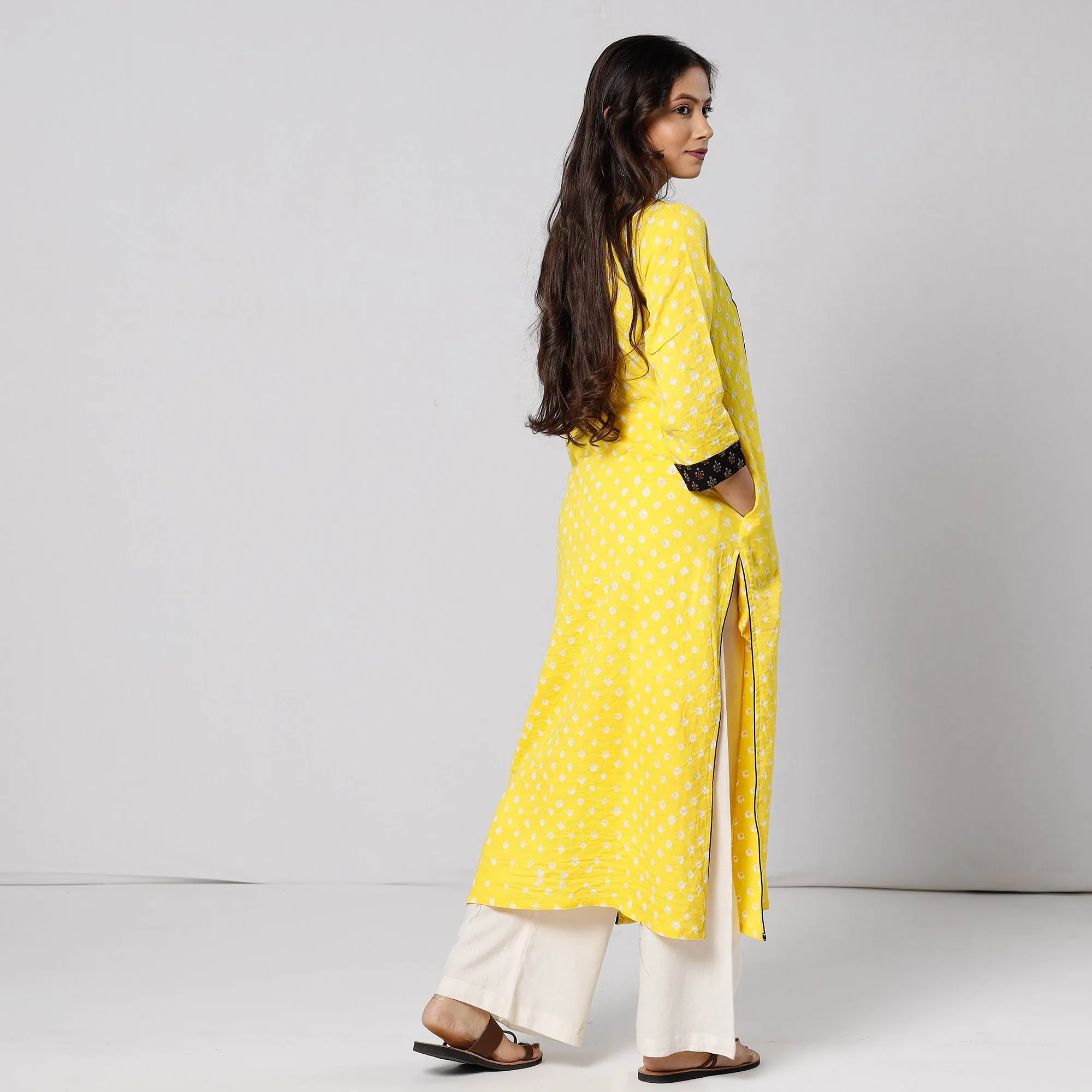 Bright Yellow - Bandhani Tie-dye Cotton Long Straight Kurta