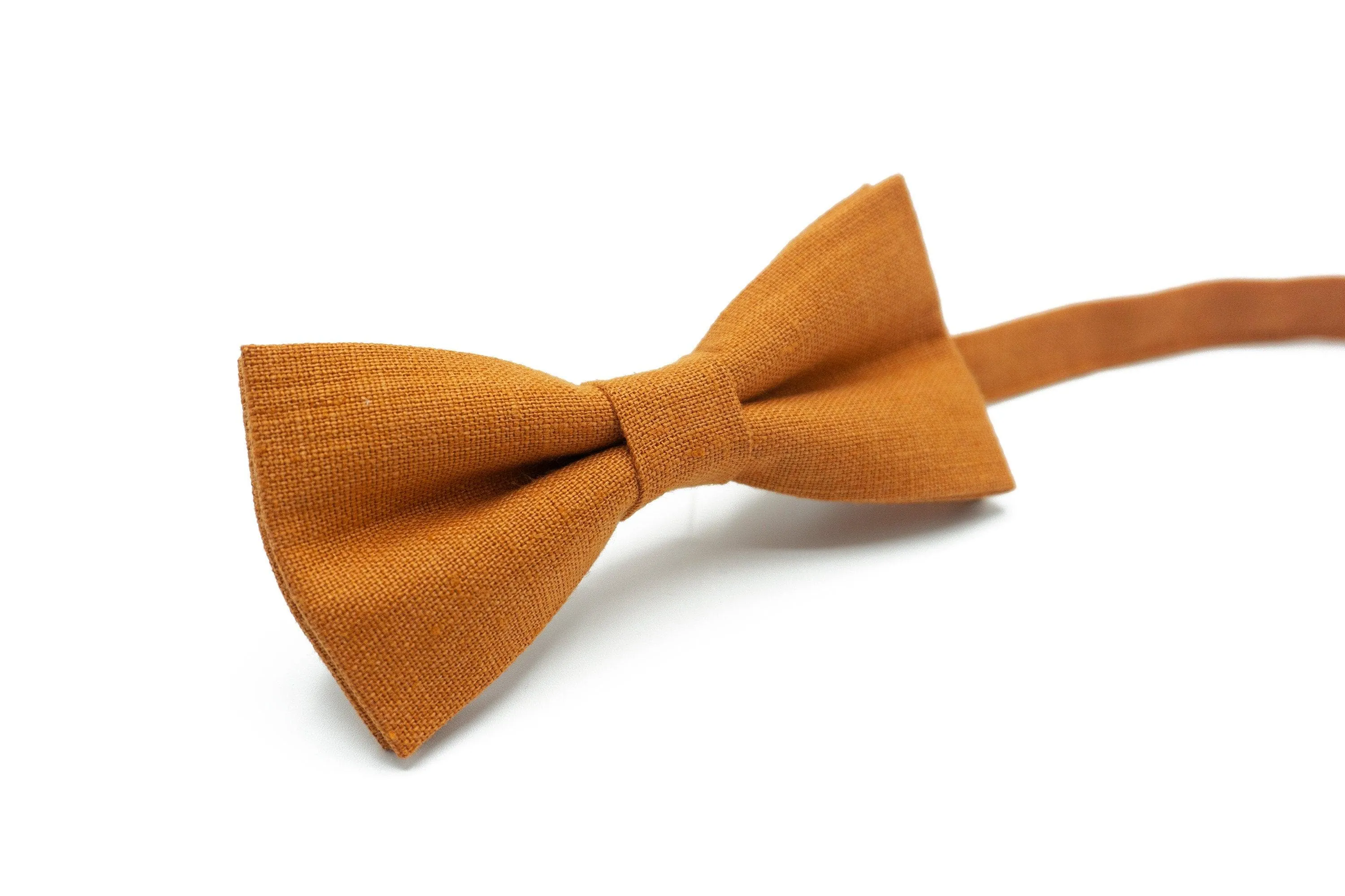 Burnt Orange Linen Bowtie, Tie and Pocket Square Set for Groomsmen