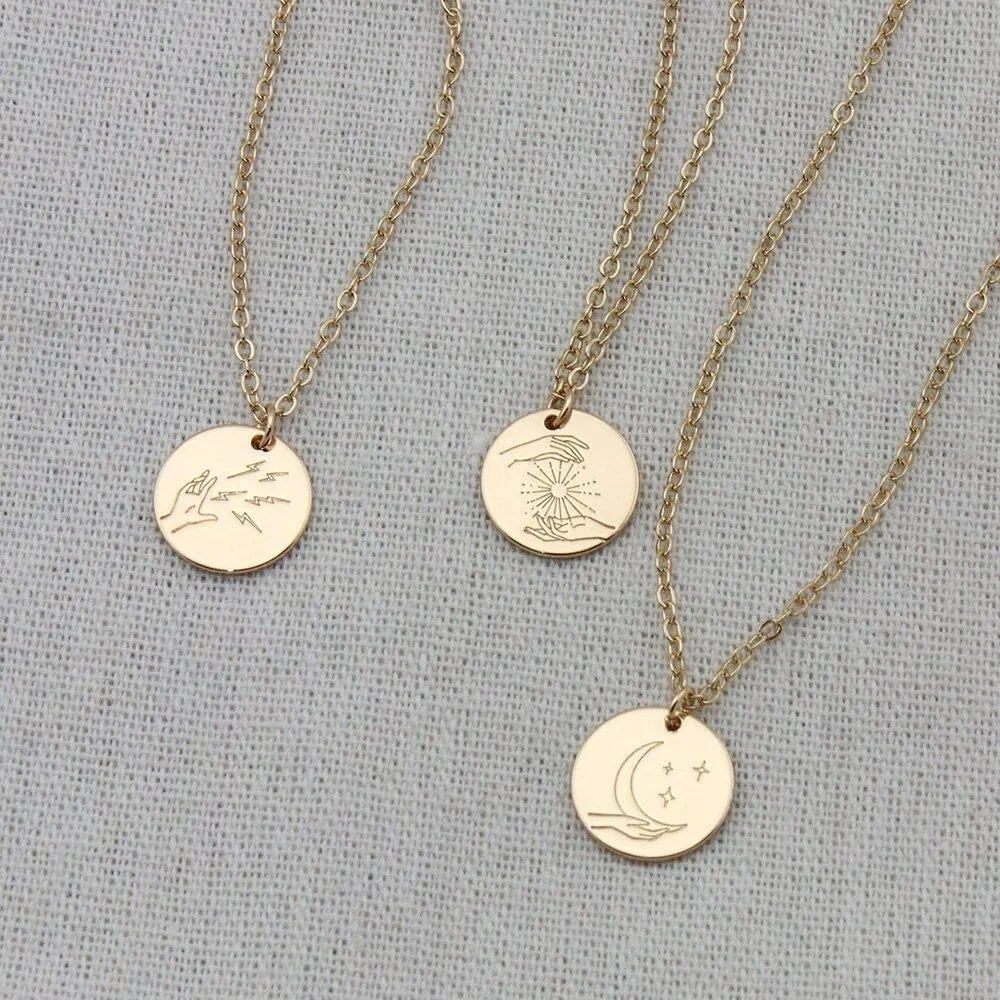 Engraved Mystic Symbols Disk Pendant Necklace