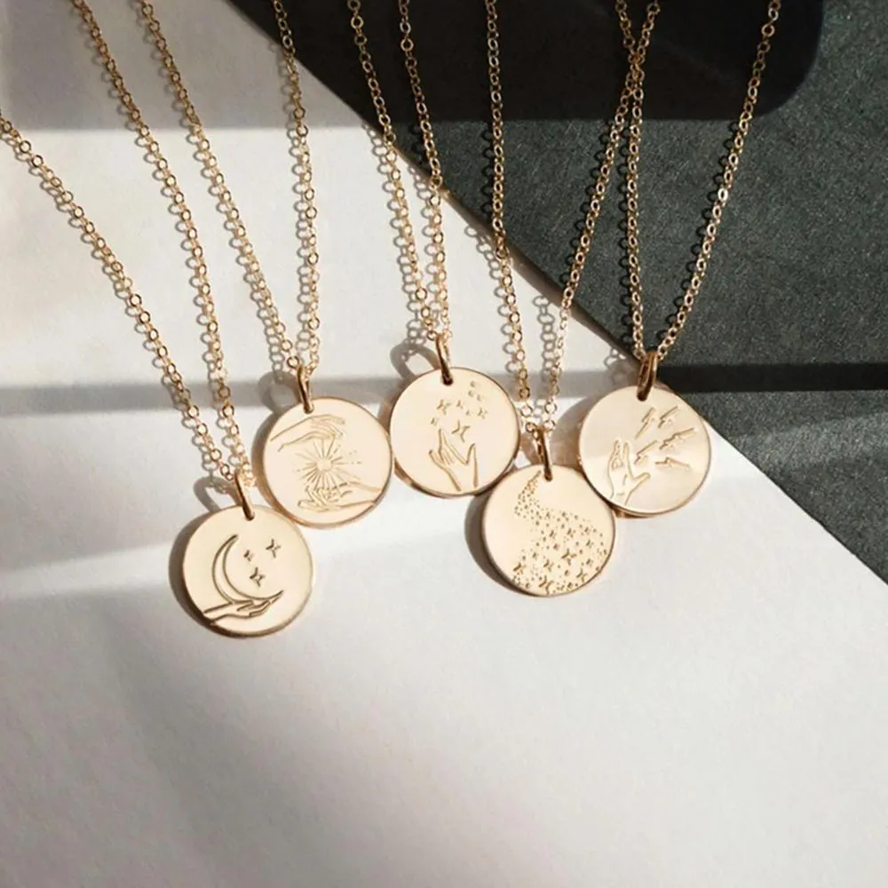 Engraved Mystic Symbols Disk Pendant Necklace