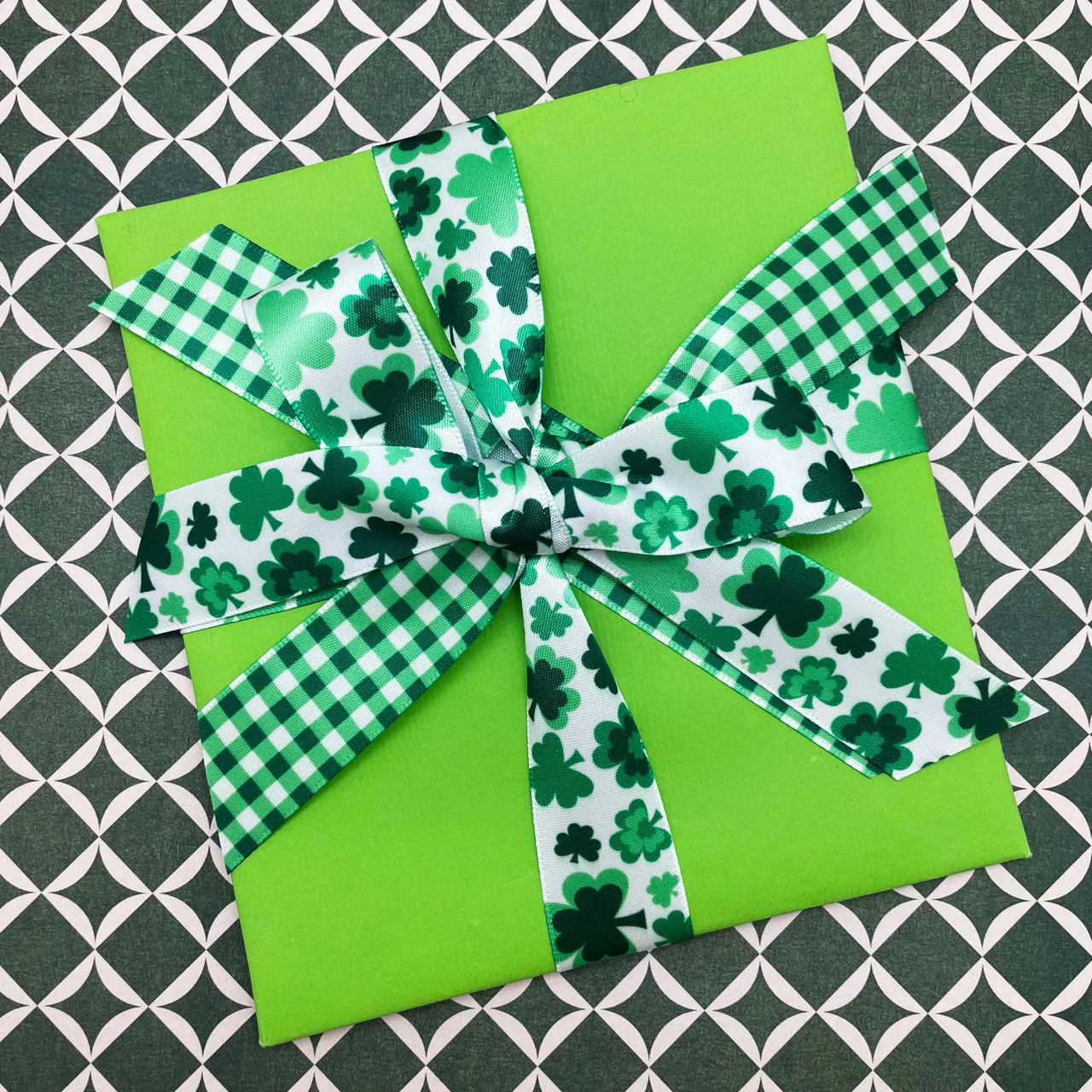 Green Gingham check ribbon St. Patrick's Day printed on 7/8" satin