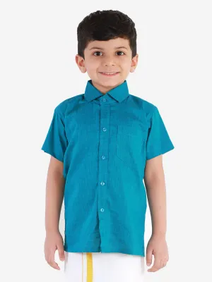 Jashvi Boys' Azure Blue Cotton Short Sleeves Ethnic Shirt