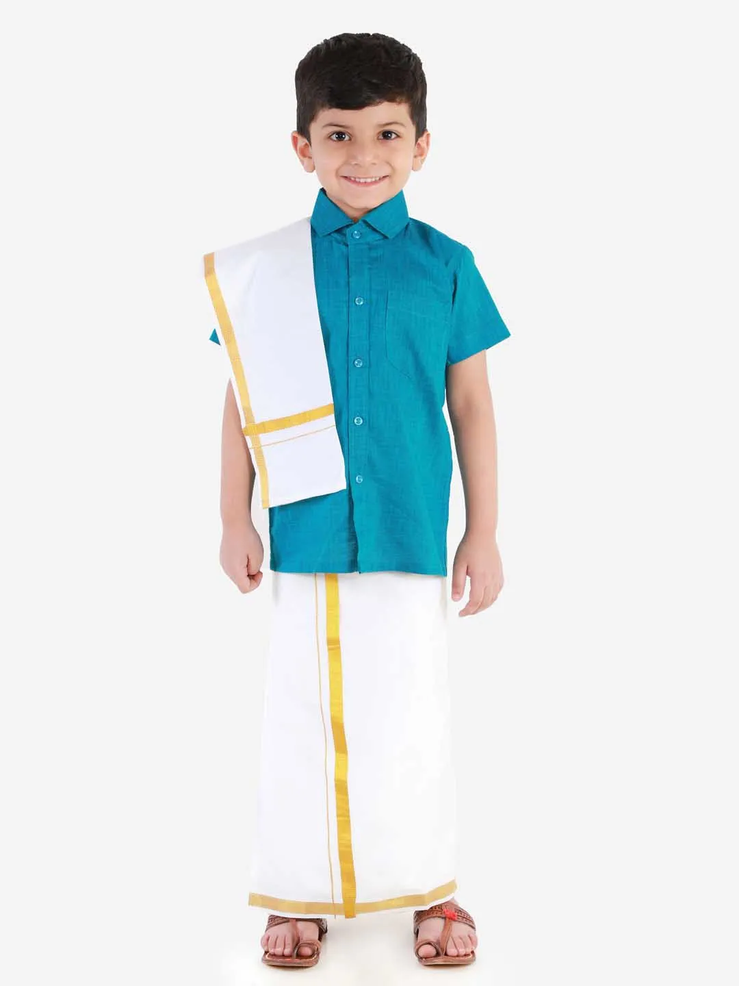 Jashvi Boys' Azure Blue Cotton Short Sleeves Ethnic Shirt