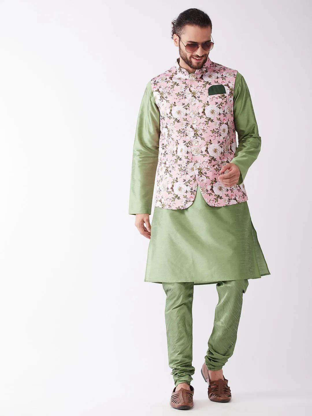 Jashvi Men's Pink Floral Printed Ethnic Jacket With Green Silk Blend Kurta and Pyjama Set