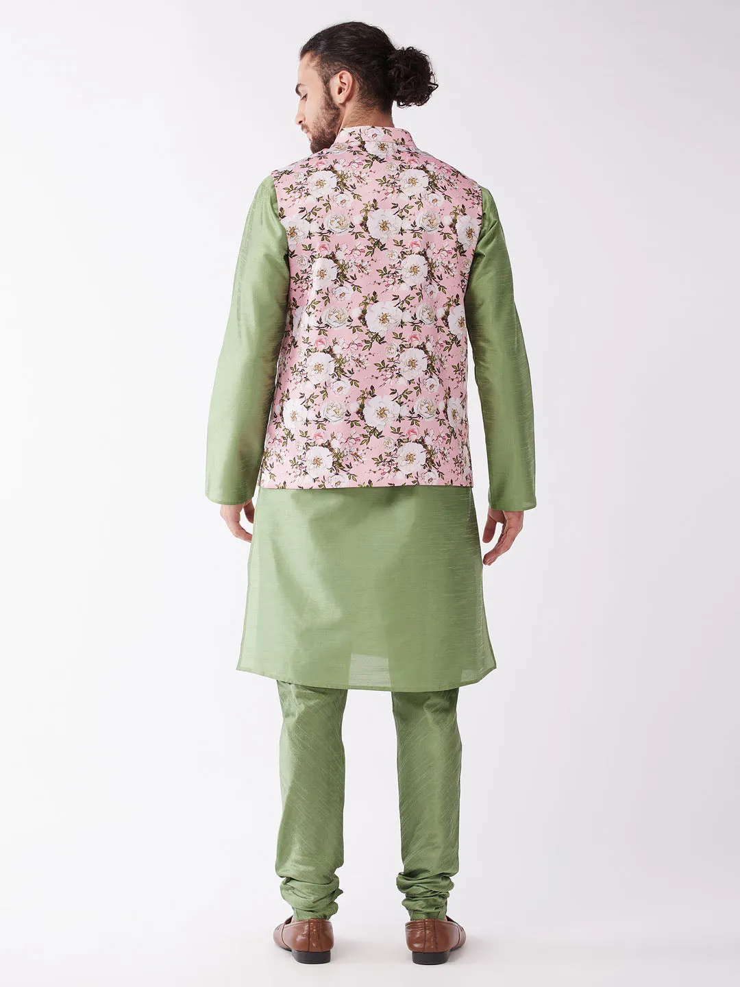 Jashvi Men's Pink Floral Printed Ethnic Jacket With Green Silk Blend Kurta and Pyjama Set