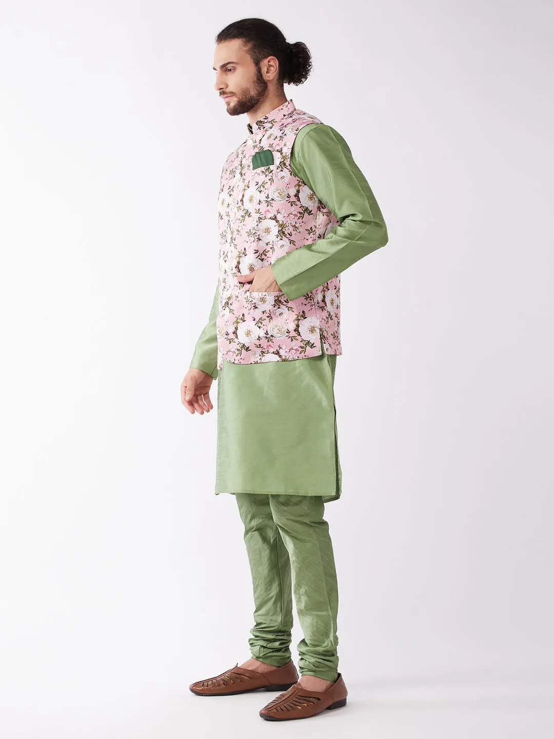 Jashvi Men's Pink Floral Printed Ethnic Jacket With Green Silk Blend Kurta and Pyjama Set