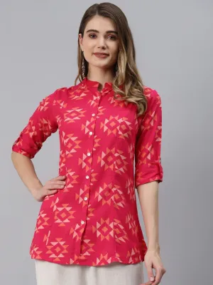 Jashvi Pink Geometric Print Rayon Shirt Style Top