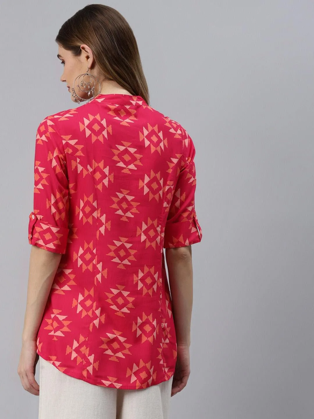 Jashvi Pink Geometric Print Rayon Shirt Style Top