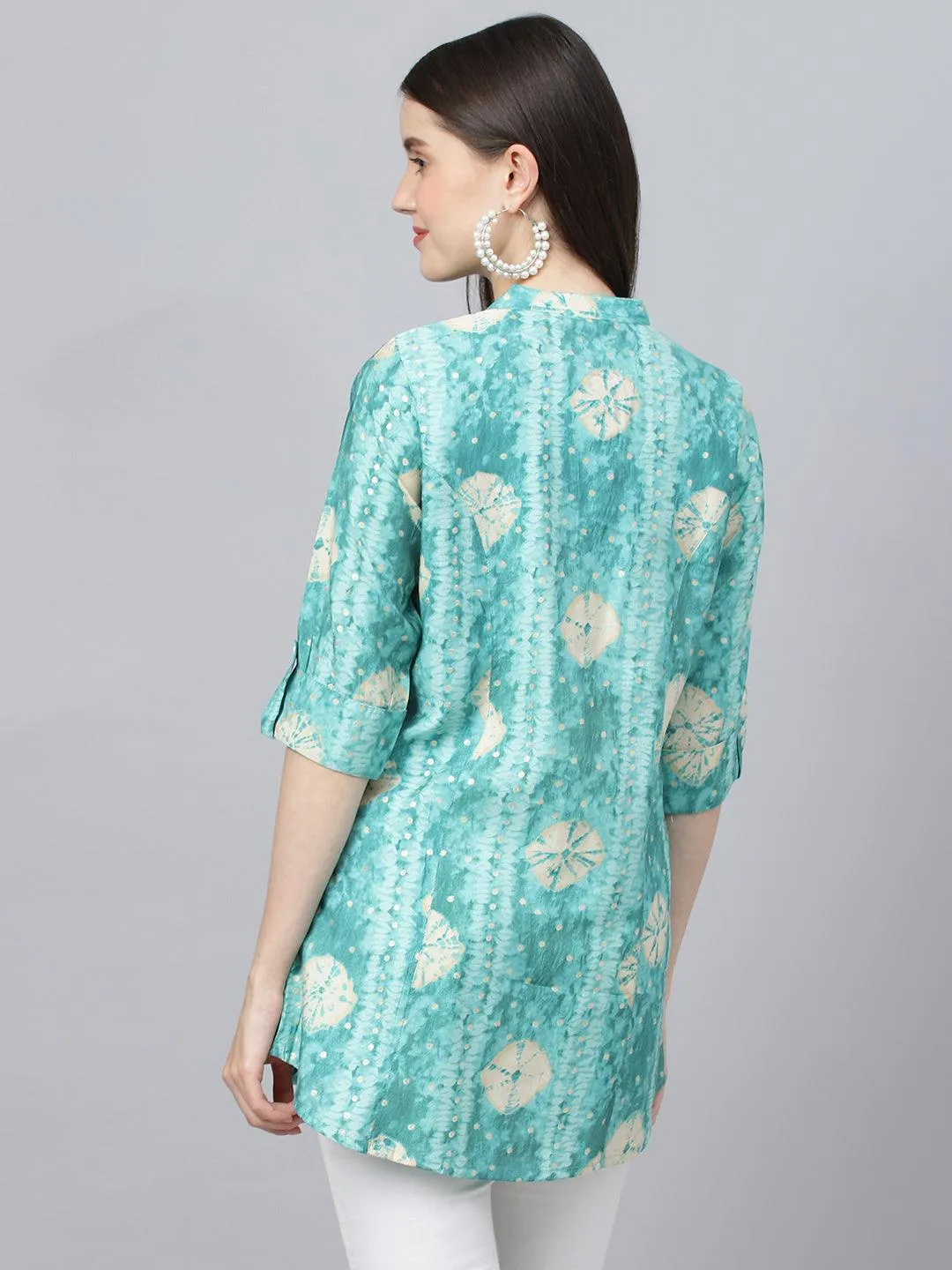 Jashvi Sea green Abstract Printed Modal A-Line Shirts Style Top