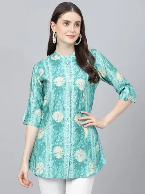 Jashvi Sea green Abstract Printed Modal A-Line Shirts Style Top