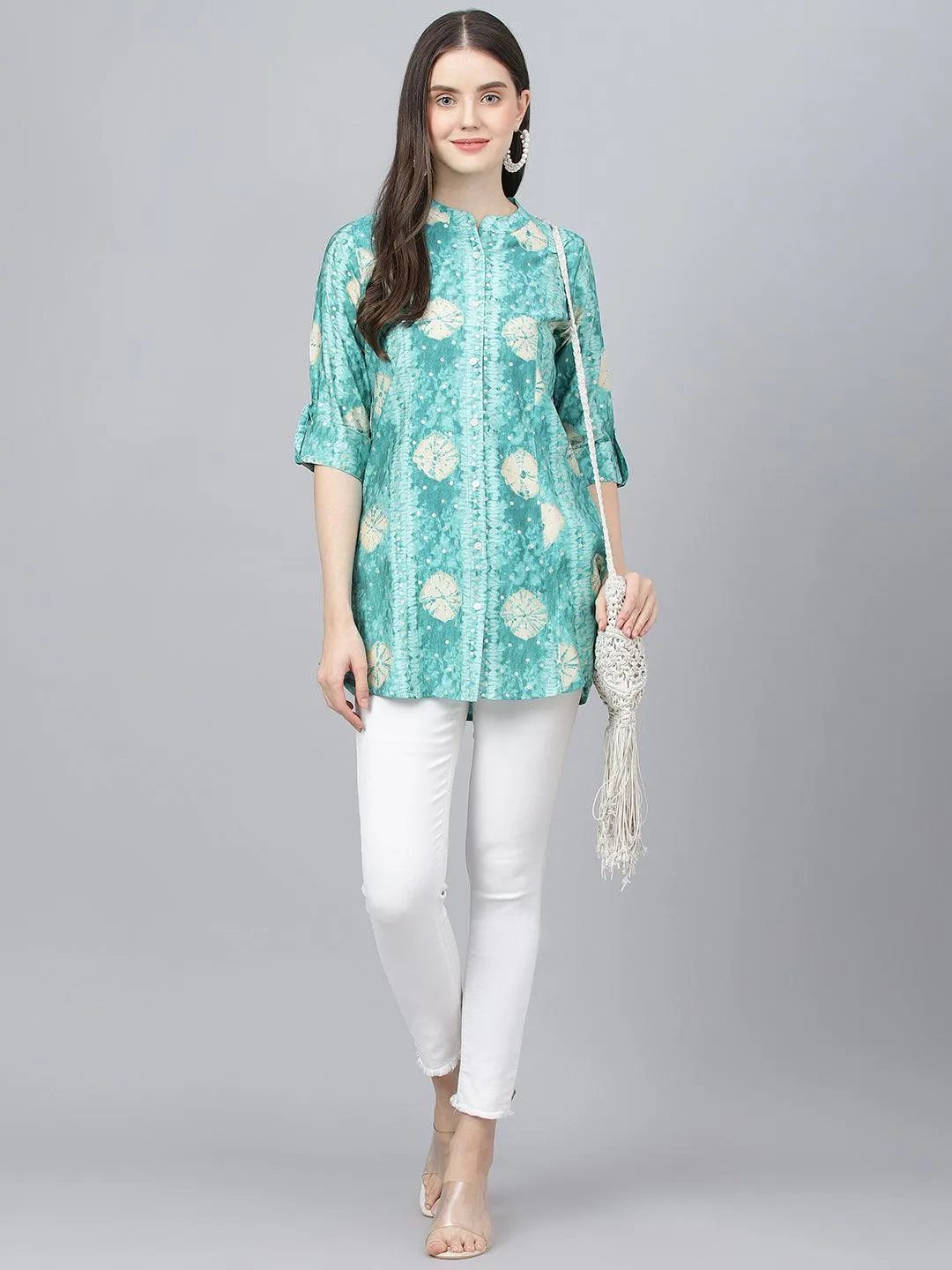 Jashvi Sea green Abstract Printed Modal A-Line Shirts Style Top