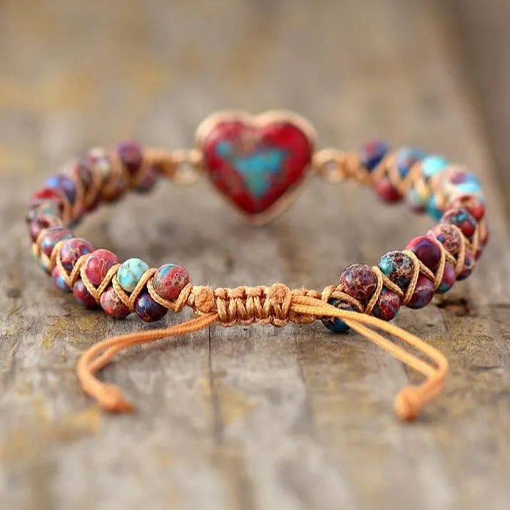 Jasper Heart Charm Braided Bracelet - colourful