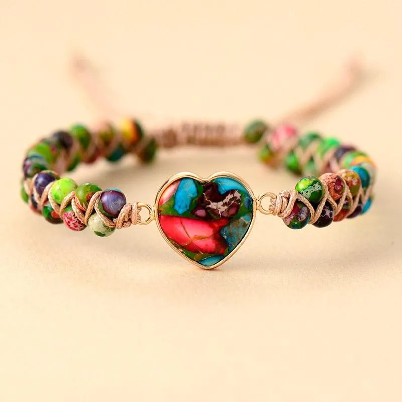 Jasper Heart Charm Braided Bracelet - colourful