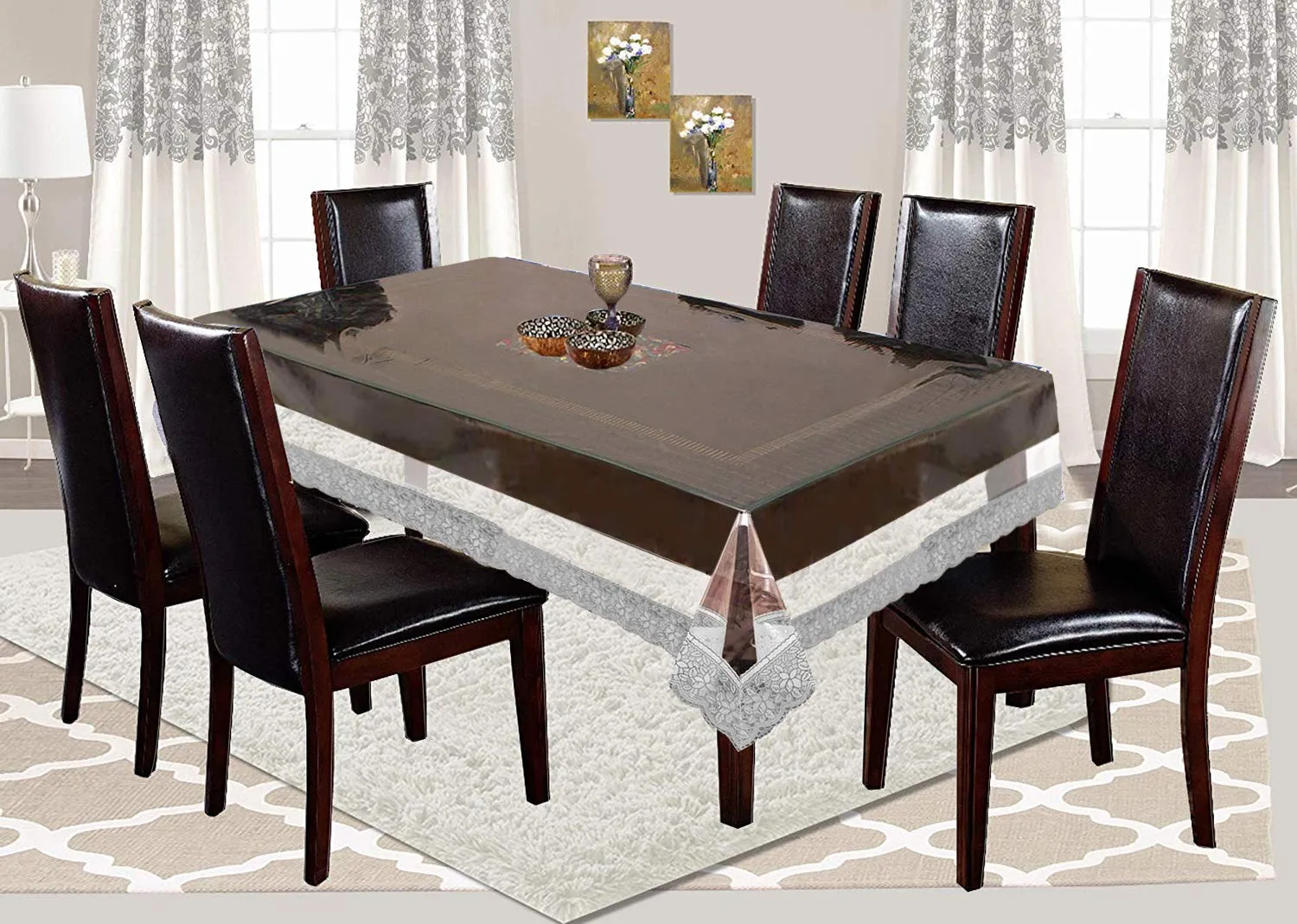 Kuber Industries 6 Seater Dining Table Cover|Stone Design & Water Proof PVC Material|Heat Resistant & Silver Lace, Size 228 x 152 CM (Transparent)