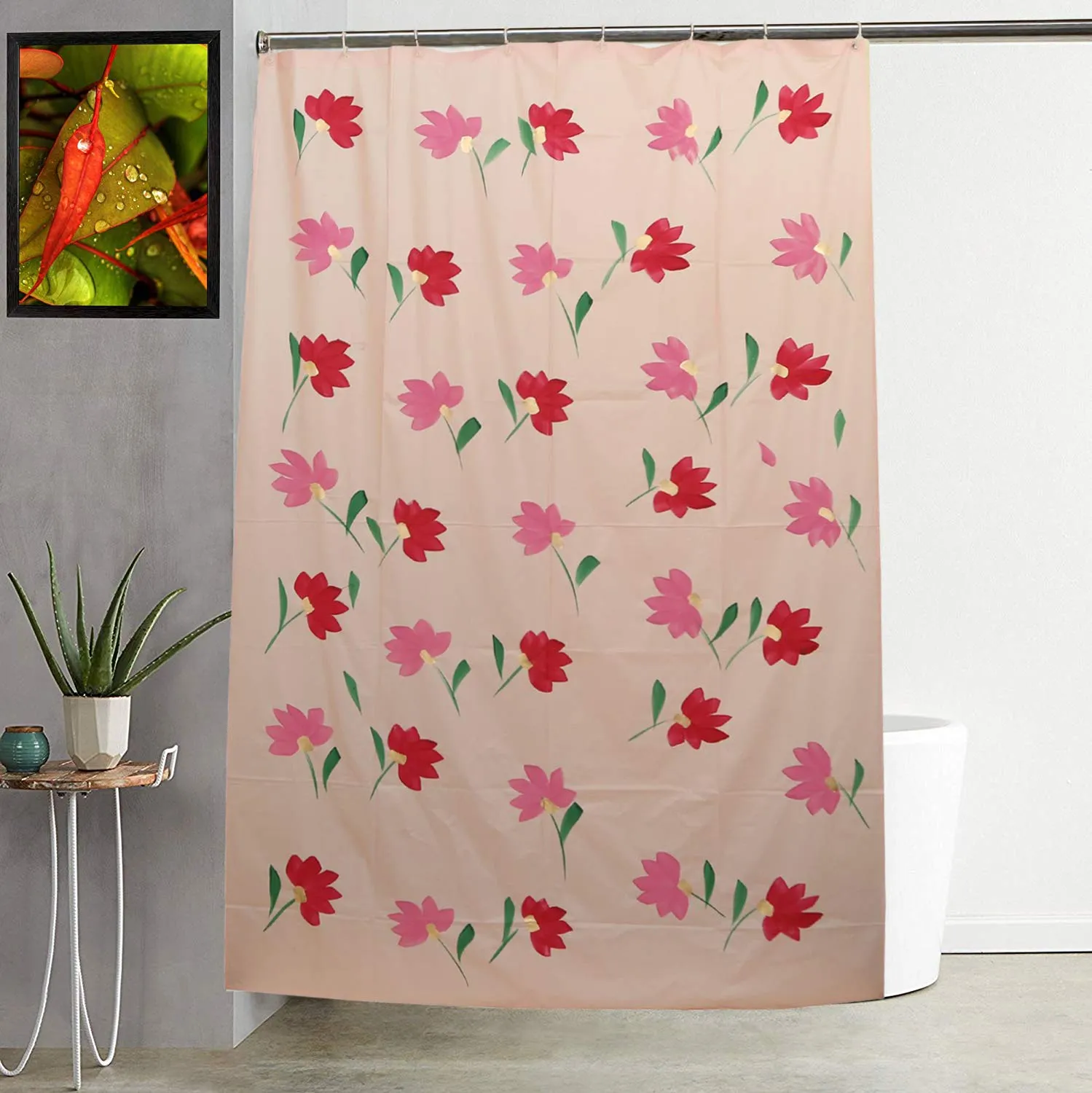 Kuber Industries Floral Design 7 Feet Shower Curtain with 8 Hooks (Pink)-CTKTC30387