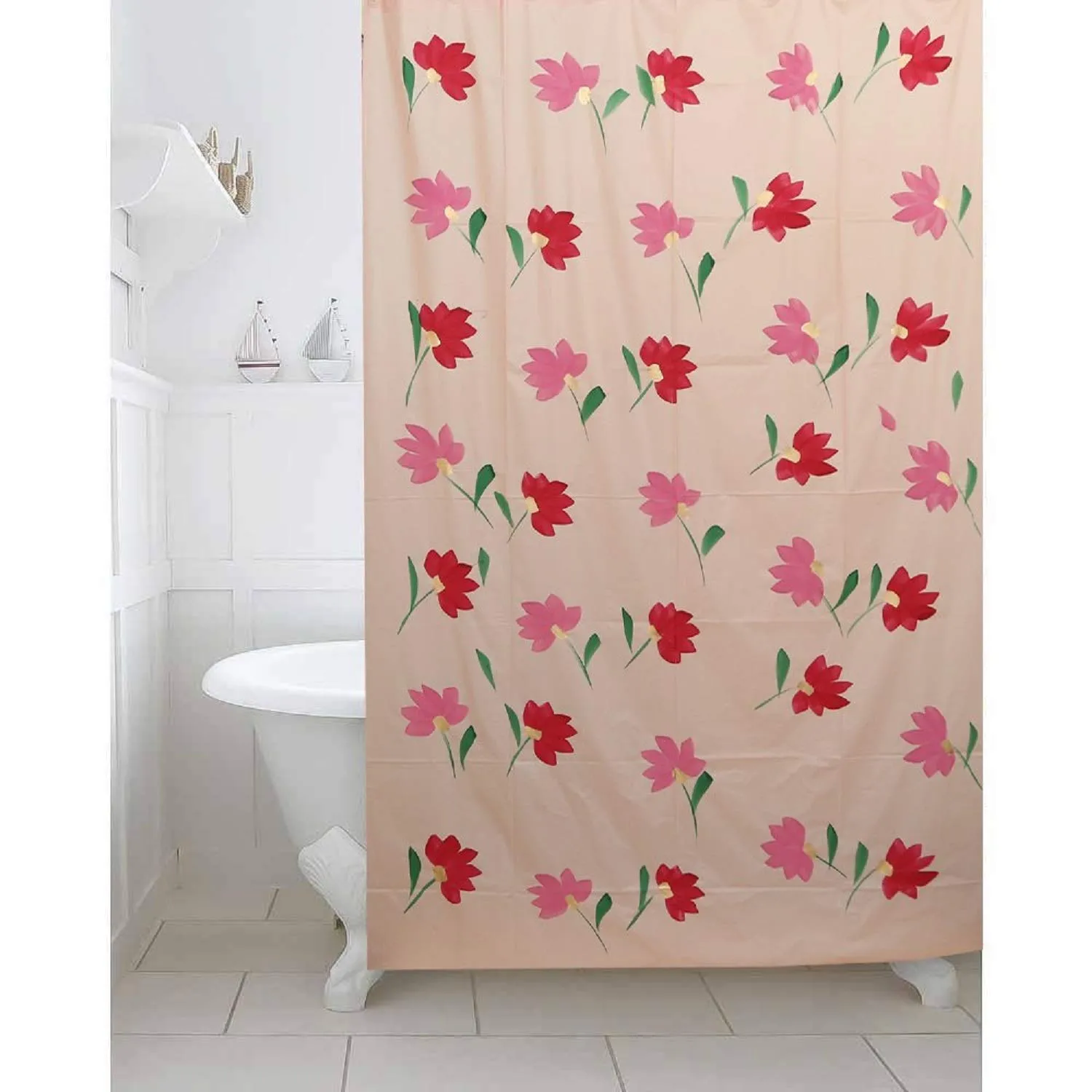 Kuber Industries Floral Design 7 Feet Shower Curtain with 8 Hooks (Pink)-CTKTC30387