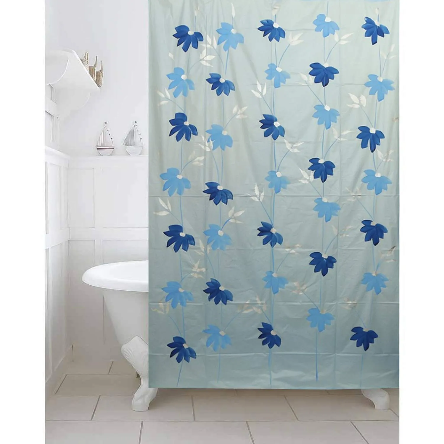 Kuber Industries Floral Design 7 Feet Shower Curtain with 8 Hooks (Sky Blue)- CTKTC030388