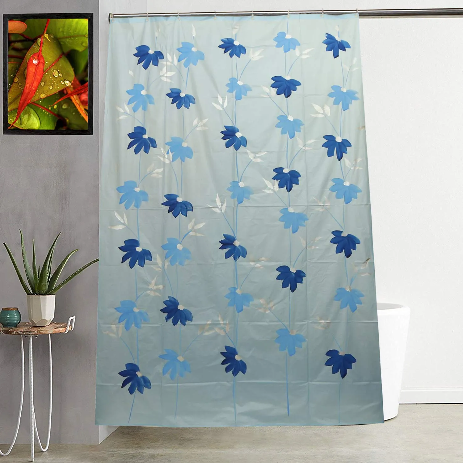 Kuber Industries Floral Design 7 Feet Shower Curtain with 8 Hooks (Sky Blue)- CTKTC030388