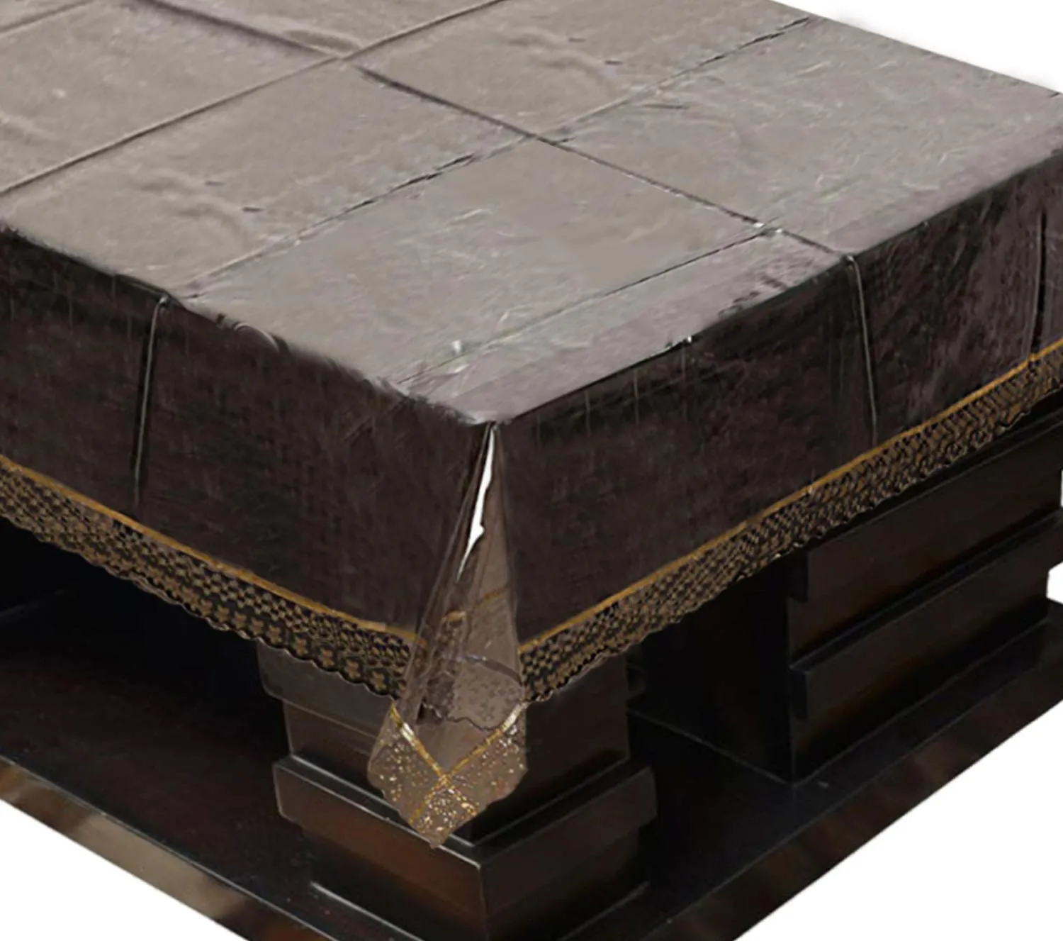 Kuber Industries PVC 4 Seater Center Table Cover with Golden Lace (Black Transparent), CTKTC13896