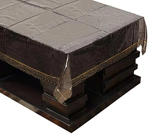 Kuber Industries PVC 4 Seater Center Table Cover with Golden Lace (Black Transparent), CTKTC13896