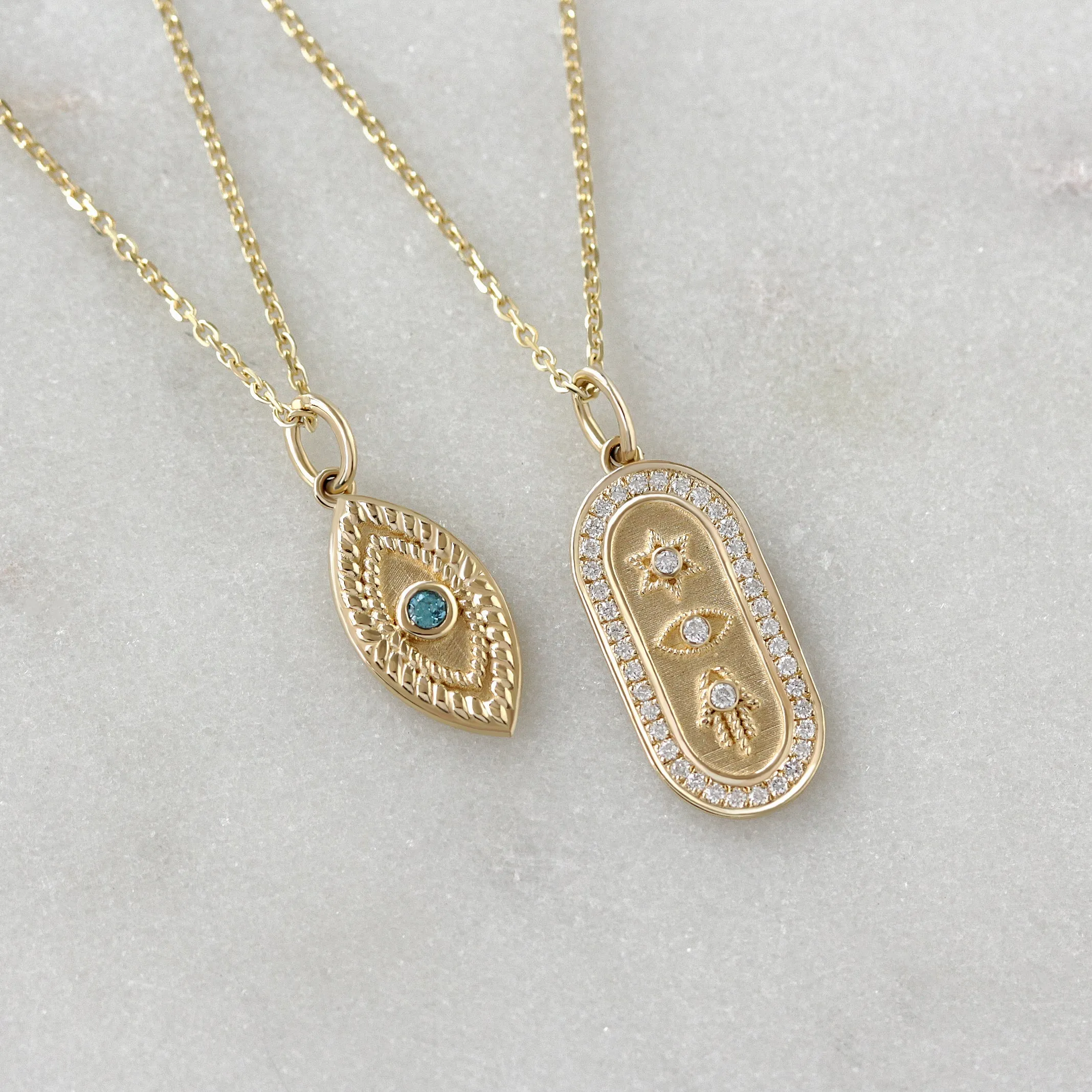 Magen David, Evil Eye, and Hamsa Gold and Diamond Pendant Necklace - Judaica Symbols