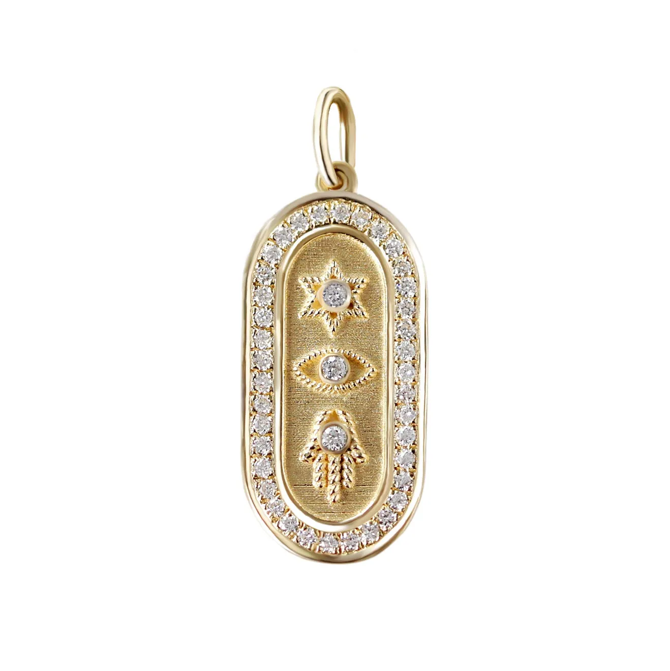 Magen David, Evil Eye, and Hamsa Gold and Diamond Pendant Necklace - Judaica Symbols