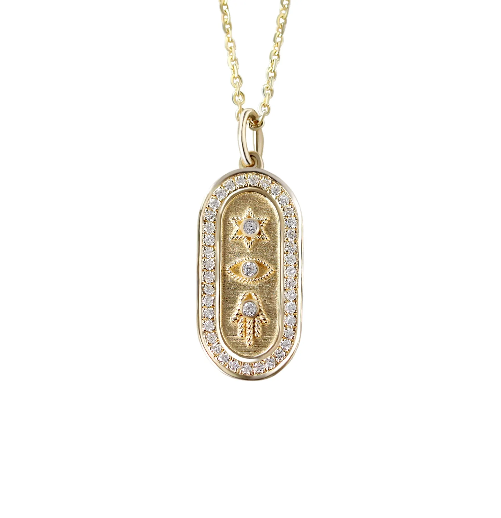 Magen David, Evil Eye, and Hamsa Gold and Diamond Pendant Necklace - Judaica Symbols