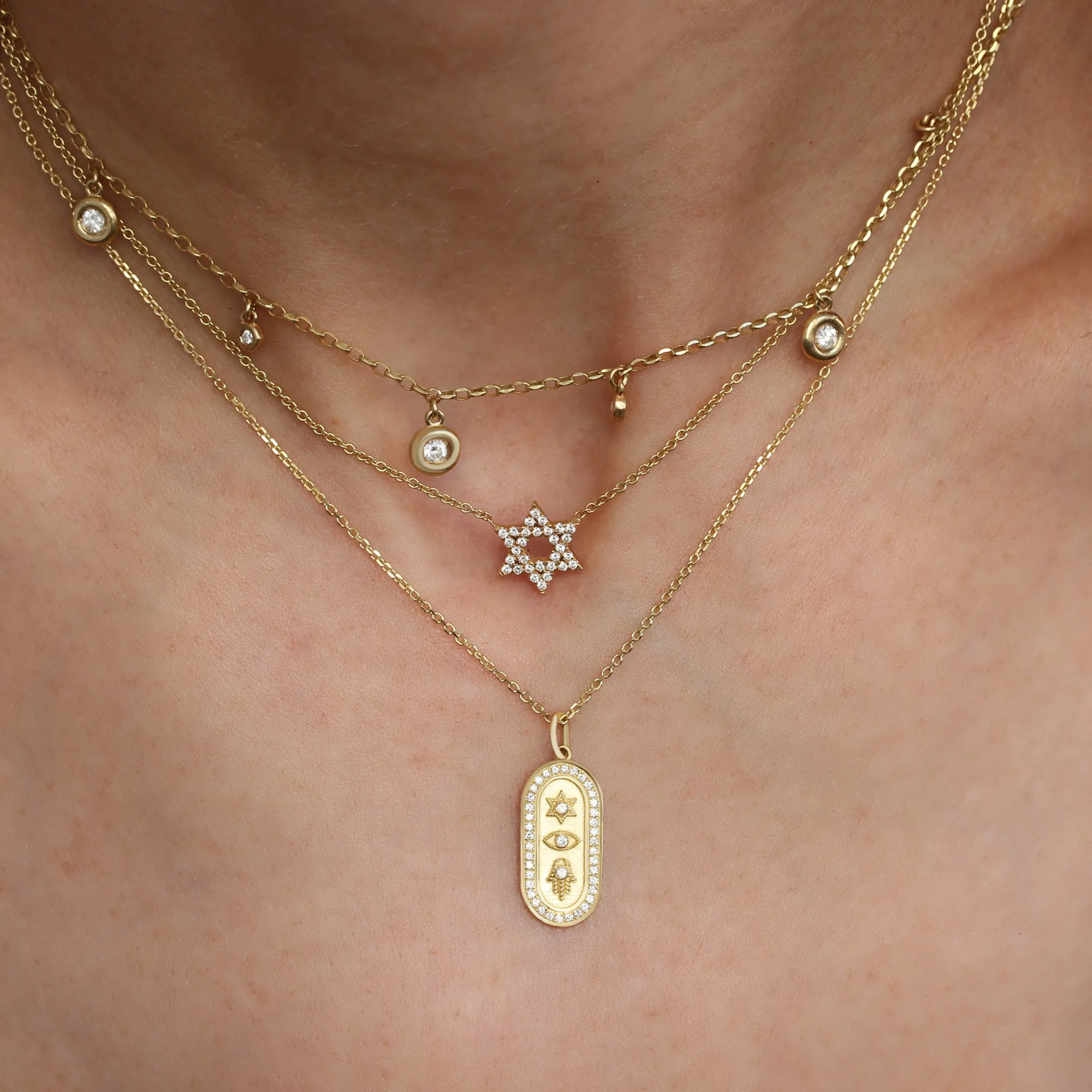 Magen David, Evil Eye, and Hamsa Gold and Diamond Pendant Necklace - Judaica Symbols