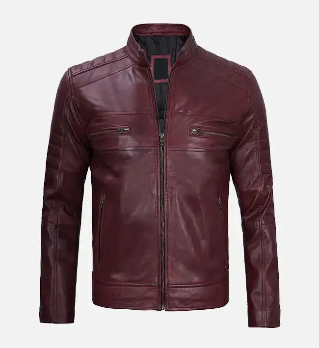 Men's Maroon Cafe Racer Leather Jacket