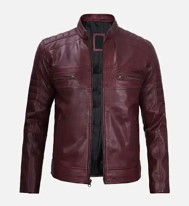 Men's Maroon Cafe Racer Leather Jacket