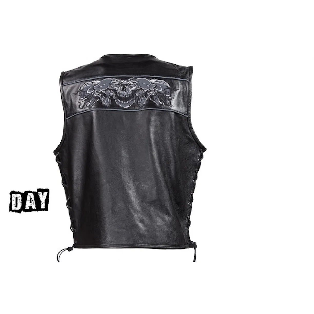 Mens Naked Leather Motorcycle Vest With Reflective Skulls & Gun Pockets