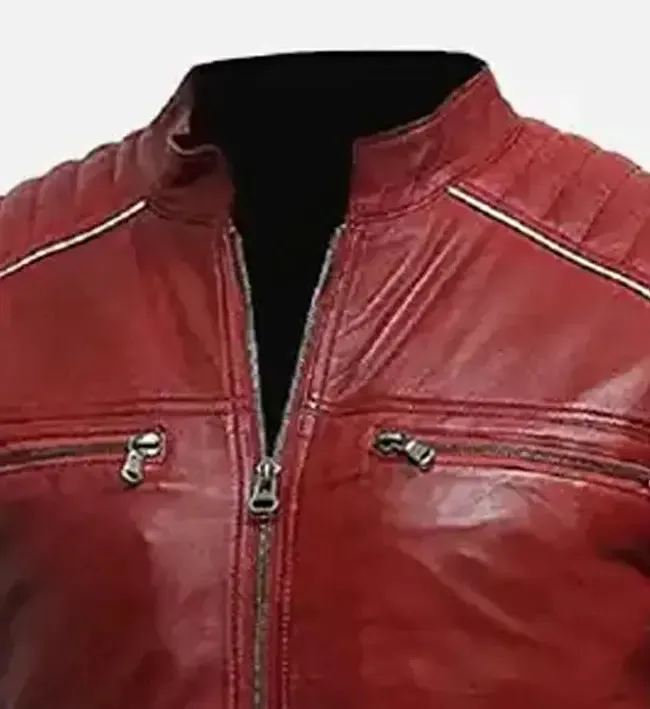 Men’s Red Biker Leather Jacket with Striped