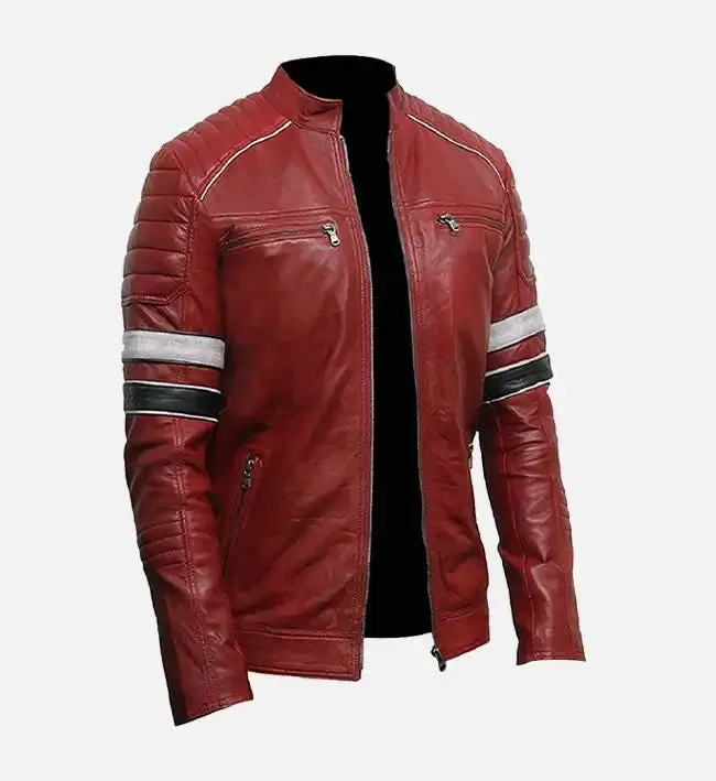 Men’s Red Biker Leather Jacket with Striped