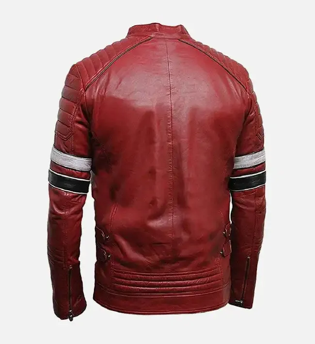 Men’s Red Biker Leather Jacket with Striped