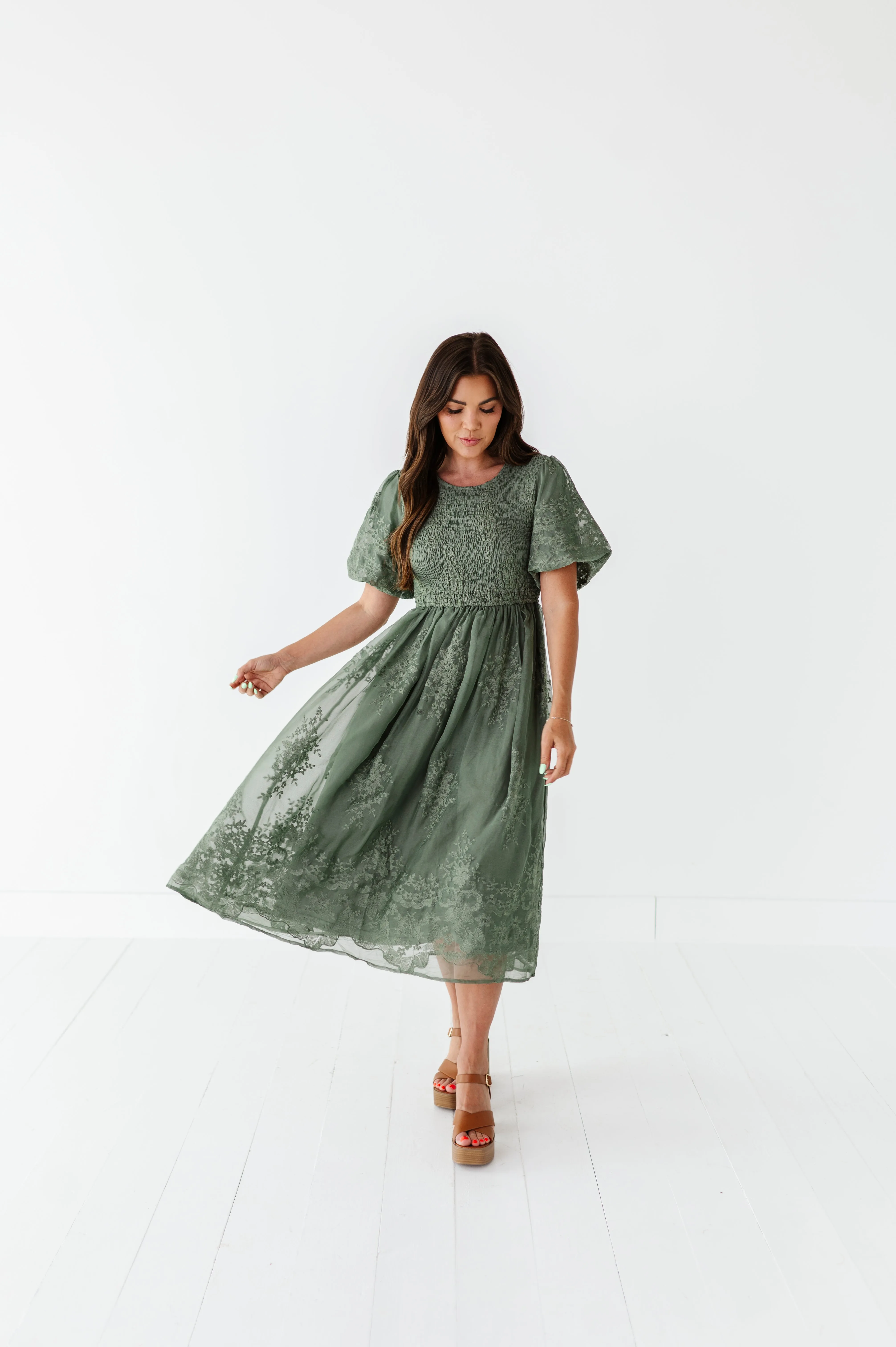 Mia Embroidered Smocked Dress in Sage